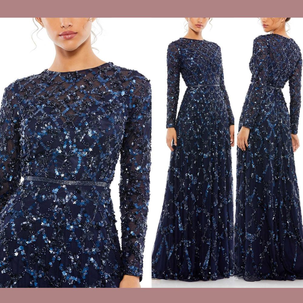 NEW $698 Mac Duggal [ 12 ] 5496 Beaded Sequin‎ Long Sleeve A-Line Gown Blue